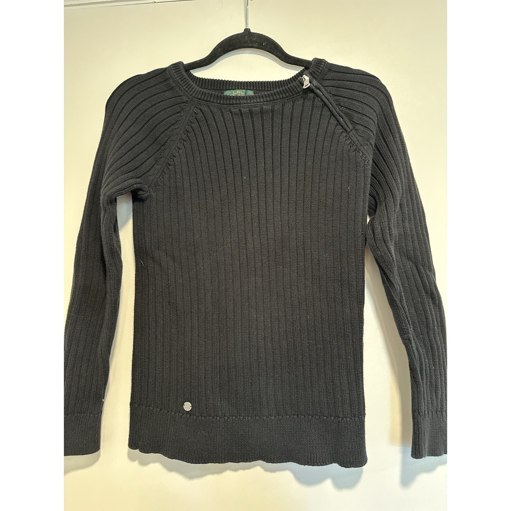 Lauren Jeans Co. Preppy Ribbed Zip Neck Sweater Sz:M Black Elbow Patch Cotton